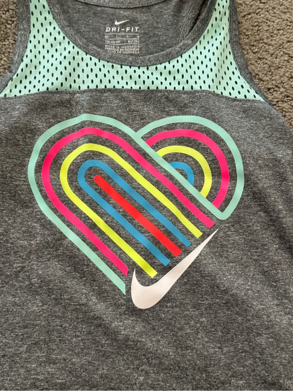 Nike Girls' Gray Tank with Mint Mesh Yoke and Multicolor Heart